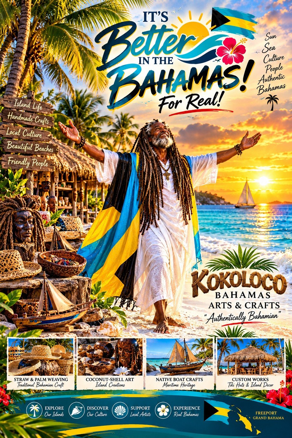KOKOLOCO Bahamas tourism poster featuring a joyful Bahamian craftsman, a sunset beach, and traditional Bahamian arts and crafts